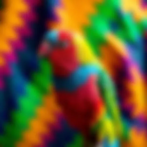 Brightly colored fabric featuring a unique fruit dove pattern from the Boomerang Stitches project.