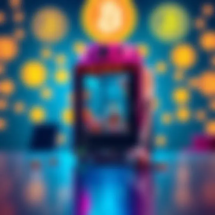 A vibrant lottery miner sitting on a table with Bitcoin symbols in the background
