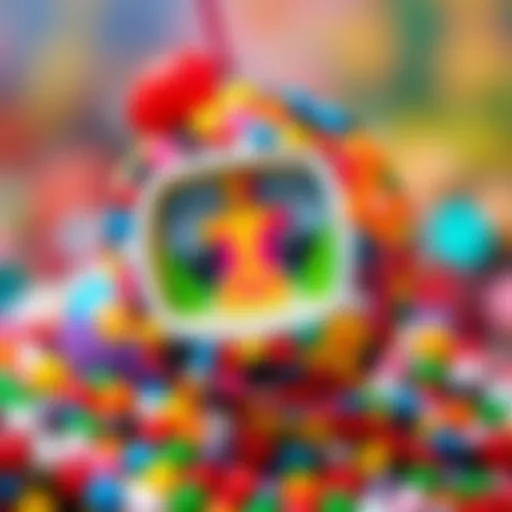 A vibrant Tamagotchi character made from assorted beads, showcasing a unique design with bright colors and patterns.