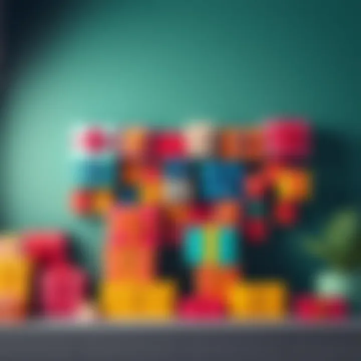 A creative arrangement of gift boxes on a wall for decoration, showcasing vibrant colors and patterns.