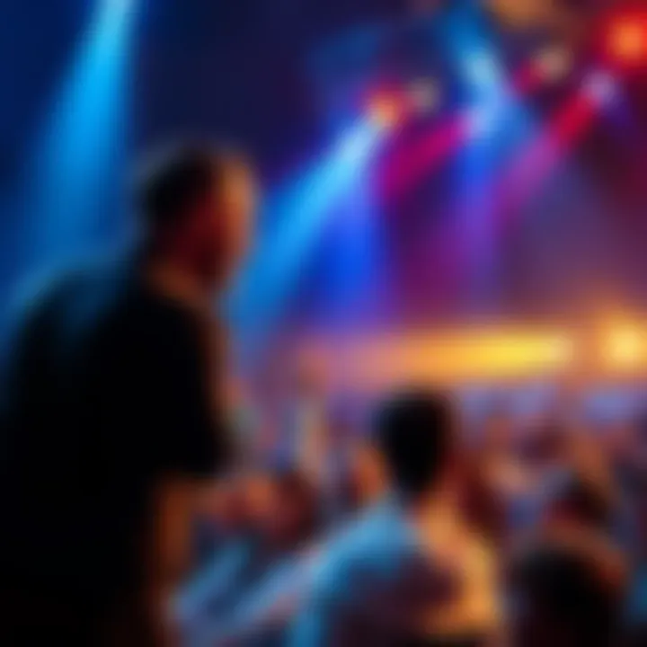 A performer on stage making the audience laugh during a comedy show, with bright lights and a joyful atmosphere