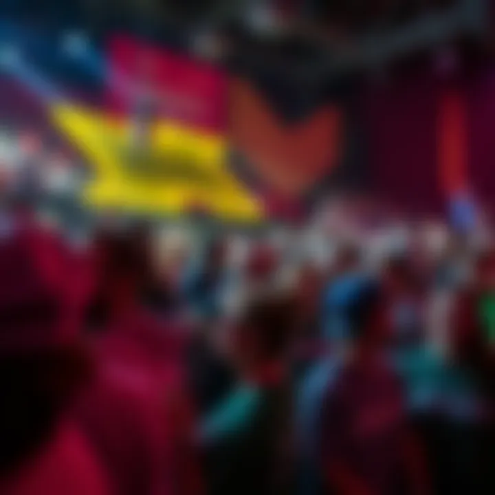 A crowd at a comedy show wearing HBAR apparel, showcasing Hedera supporters having fun together.