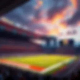 A conceptual image of a new football stadium with a modern design, showing a lively crowd and signage for Bitcoin investment and naming rights.