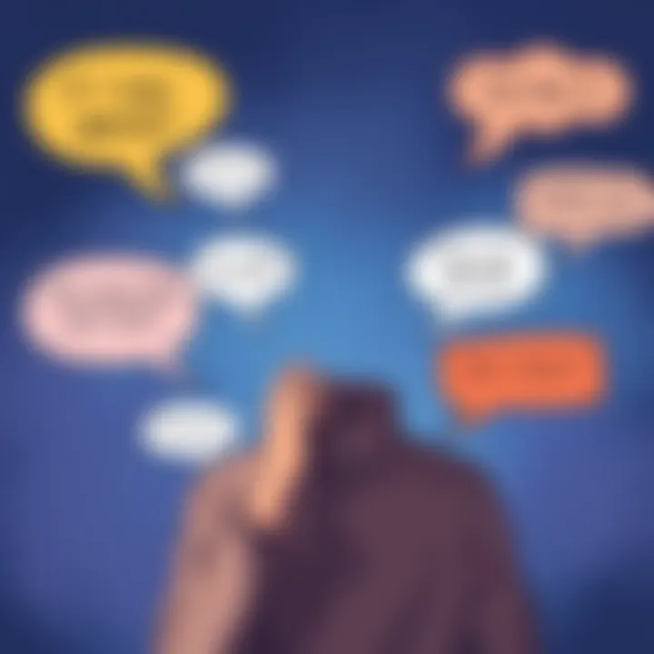 A person thinking with speech bubbles showing various everyday phrases