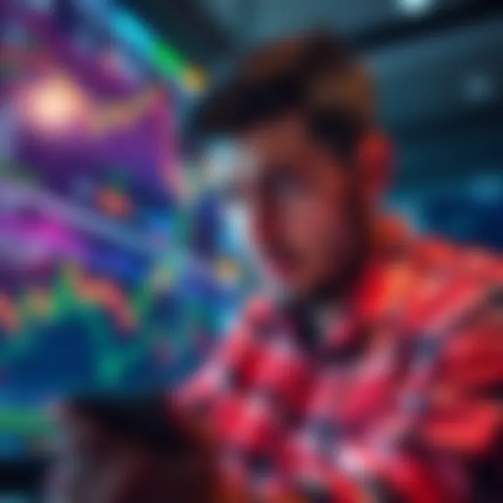 A beginner examining cryptocurrency charts with a confused expression, highlighting the challenges of new investors in crypto.