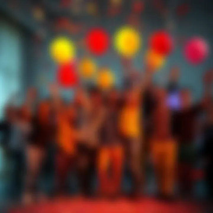 A group of people celebrating a milestone achievement with balloons and confetti.