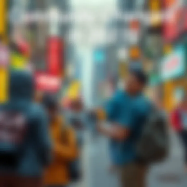 People engaging in modern activities in a vibrant city setting, showcasing social and cultural changes of 2025.