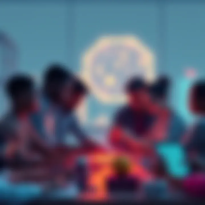 A group of people working together on a blockchain project, showcasing creativity and community engagement in crypto initiatives.