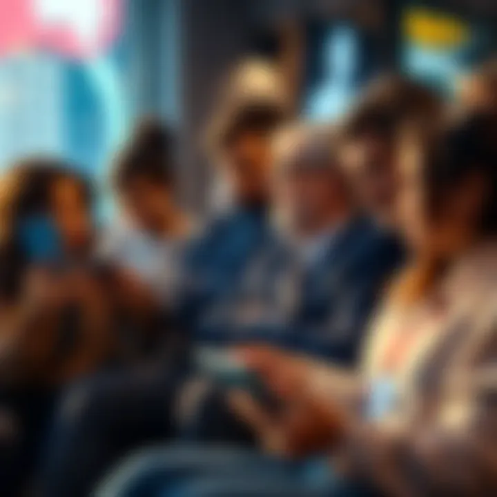A diverse group of people discussing cryptocurrency trends with laptops and smartphones in hand, showing interest and collaboration.