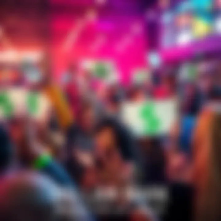 A diverse group of people cheering and holding signs that say 'One Dollar' as they gather in a lively atmosphere, symbolizing their united effort to reach a financial milestone.
