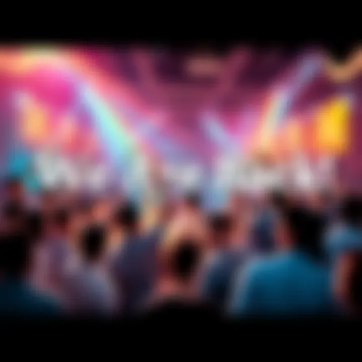 A vibrant graphic showing a community gathering with people celebrating and sharing updates.