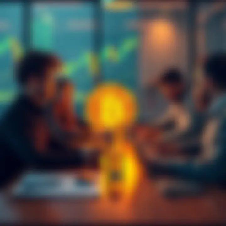 Community Bitcoin Discussion People engaging in a Bitcoin discussion with charts and laptops at a table.