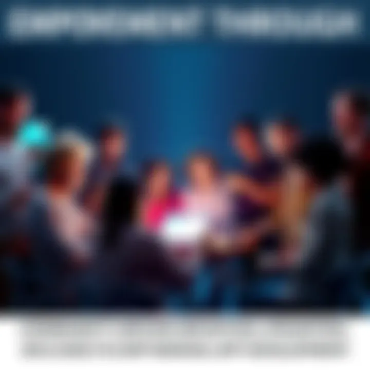 A diverse group of tech enthusiasts gathering around a digital voting platform to decide on app development projects.
