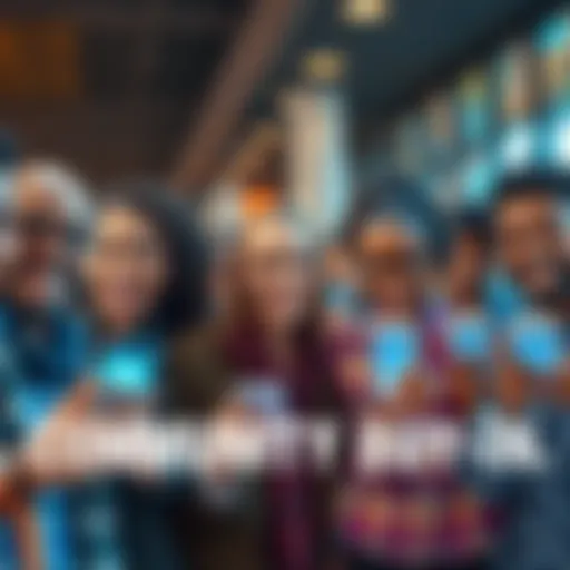 A group of diverse people smiling and holding smartphones showing $10 XRP purchases, representing a community effort