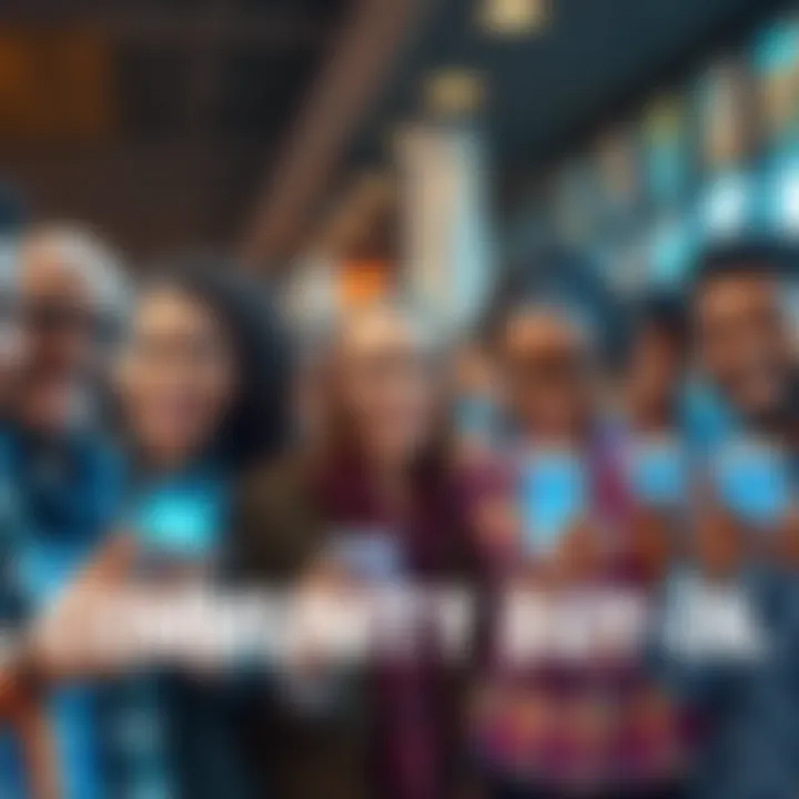 A group of diverse people smiling and holding smartphones showing $10 XRP purchases, representing a community effort