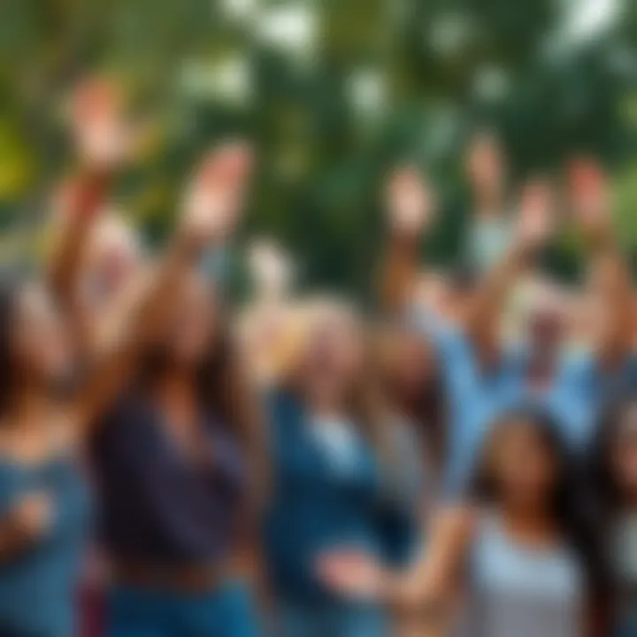 A diverse group of people joyfully celebrating together outdoors, with smiles and cheers in the air.