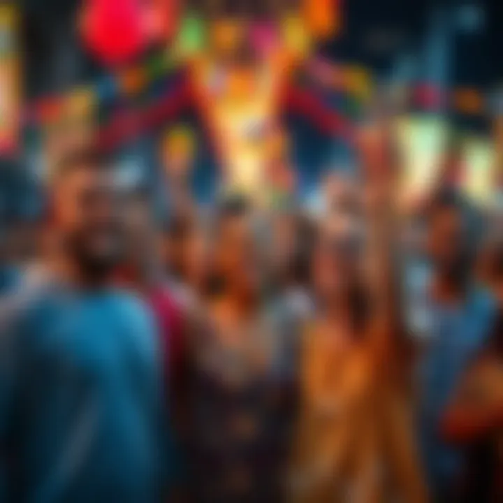 A diverse group of people joyfully participating in a community event, with colorful banners and decorations around them.