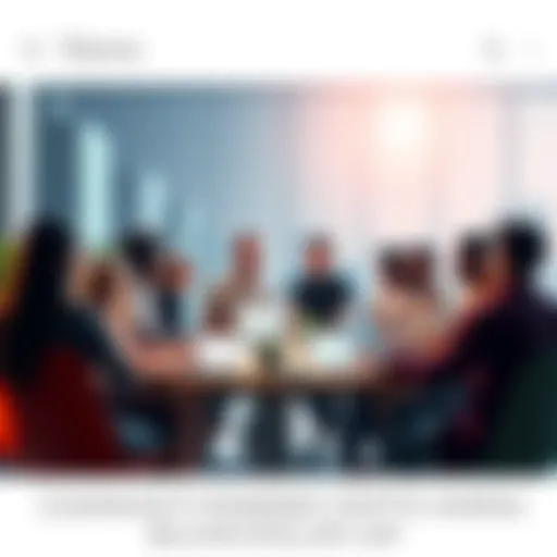 A group of diverse people gathered around a table discussing a community-driven cryptocurrency project, with charts and laptops in front of them.