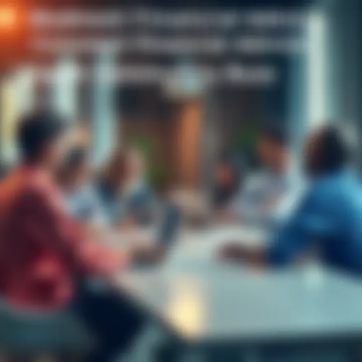 A group of people discussing financial advice around a table with laptops and notepads.