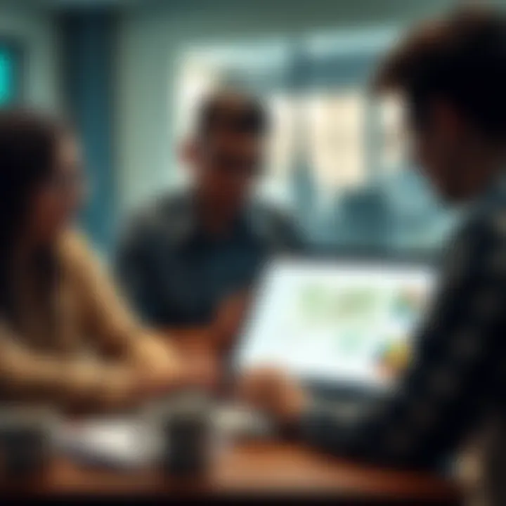 Group of people examining double accounts on a laptop in a community meeting