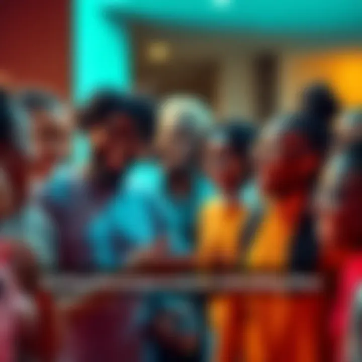 A diverse group of people smiling and discussing, showing enthusiasm for recent updates and community developments.