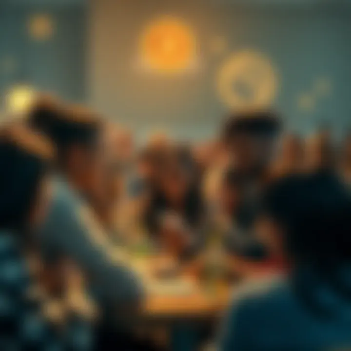 Community Engagement in Crypto A vibrant community of people discussing and collaborating on a memecoin project, with visuals representing mental health and food shelters in the background.