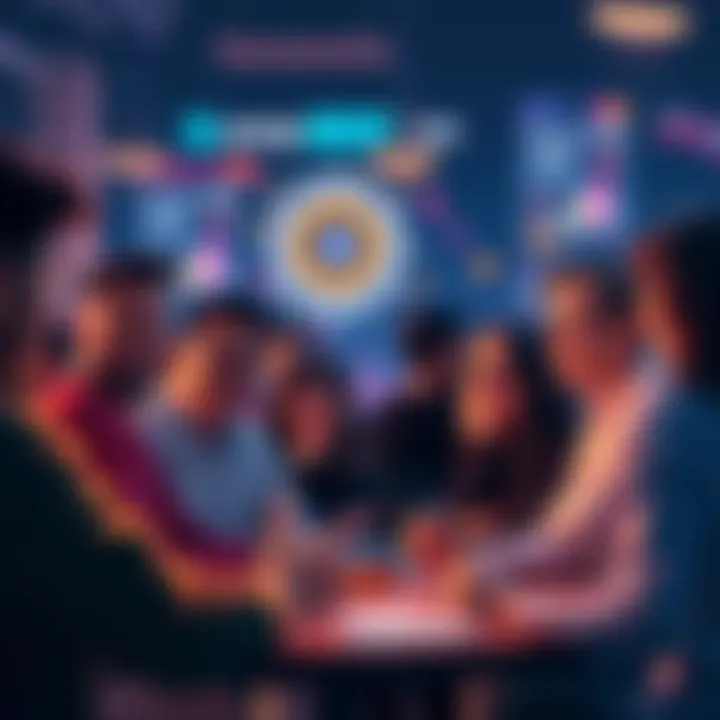 A group of diverse people discussing and collaborating on decentralized finance initiatives, with graphics of NFTs and blockchain technology in the background.