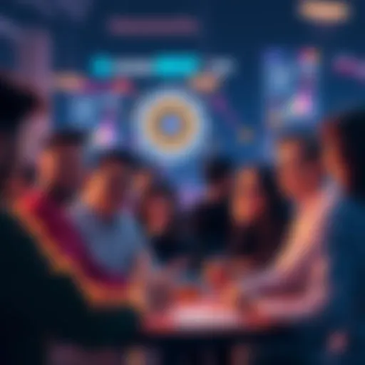 Community Engagement in DeFi A group of diverse people discussing and collaborating on decentralized finance initiatives, with graphics of NFTs and blockchain technology in the background.