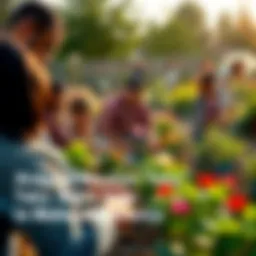 A group of diverse people working together in a community garden, planting flowers and vegetables.