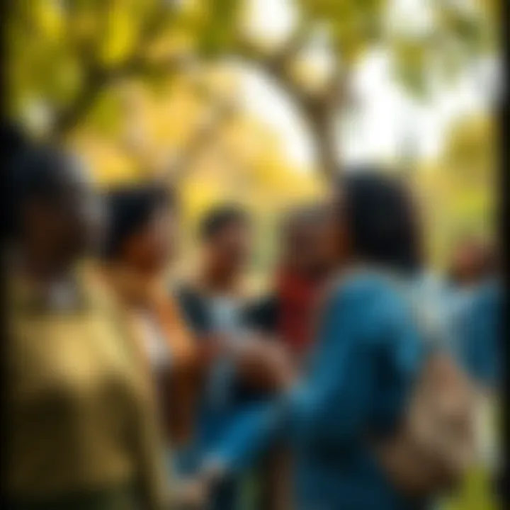 A group of people smiling and sharing stories in a park, showing support and hope during tough times.