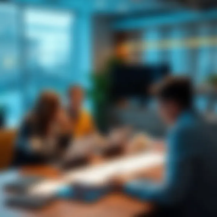A group of people discussing DeFi investing in a casual setting, with laptops and charts on the table.