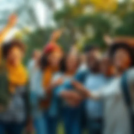 A group of diverse community members smiling and celebrating their achievements together in a park