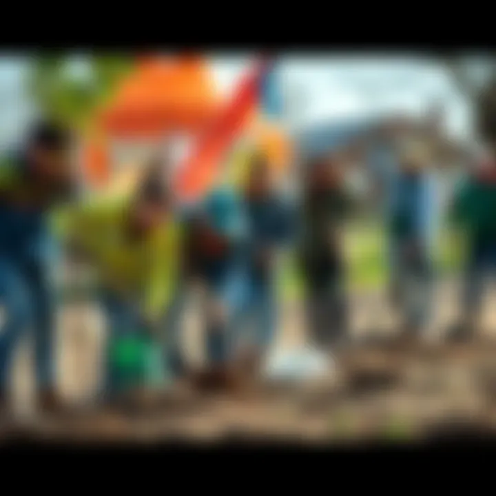A diverse group of people collaborating on a community project, planting trees and cleaning up a park.
