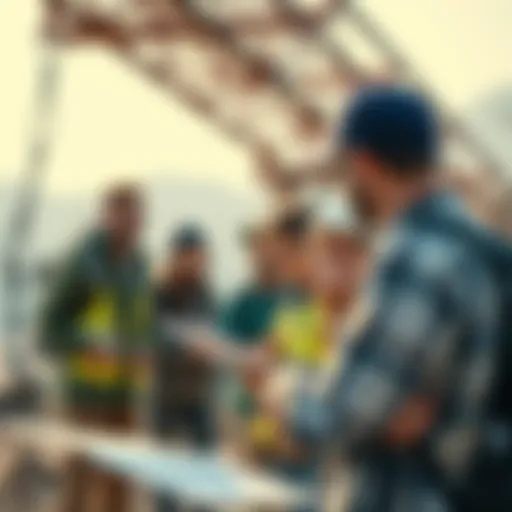 A group of people sharing information and discussing mining data in an outdoor setting