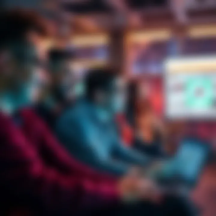 A group of people discussing community points on a forum. They are excited, looking at screens and sharing ideas.