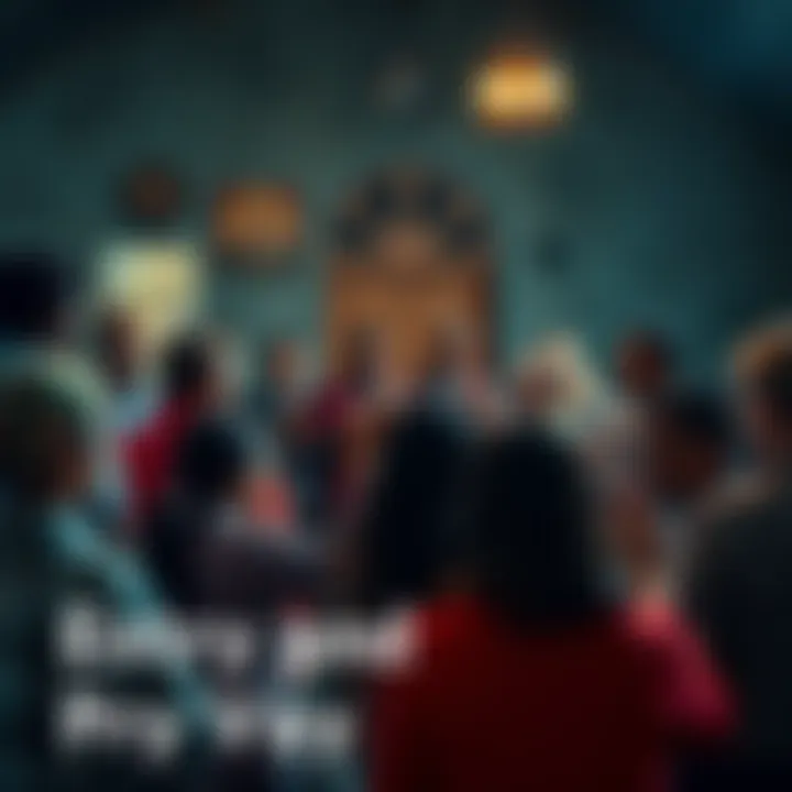 A diverse group of people gathering in a circle, holding hands and praying in a community setting