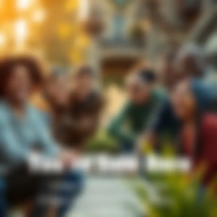 A diverse group of people smiling and interacting in a welcoming park environment, promoting a sense of security and togetherness.