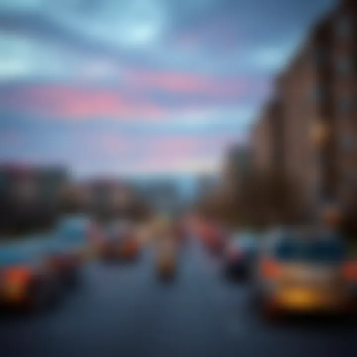 A scenic view of traffic on the road from Fort Belvoir to Woodbridge with apartment buildings in the background