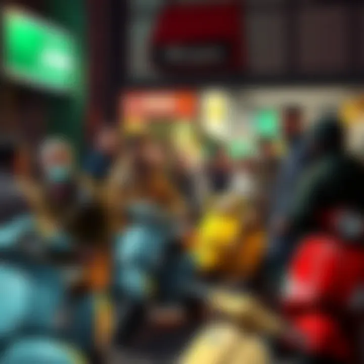 A worried crowd gathers outside a shop, discussing the well-being of the Vespa seller.