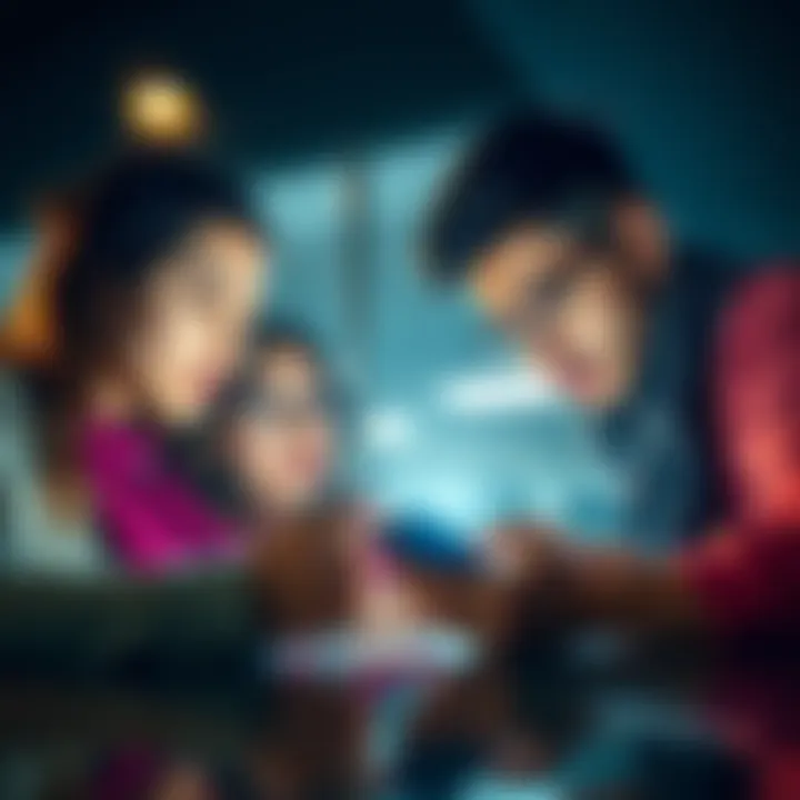 A group of friends anxiously looking at a smartphone, discussing a troubling text message they received.