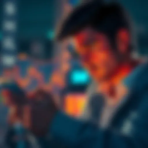 An investor looking worried while checking cryptocurrency market trends on a smartphone, showing a decline in SHIB's ranking