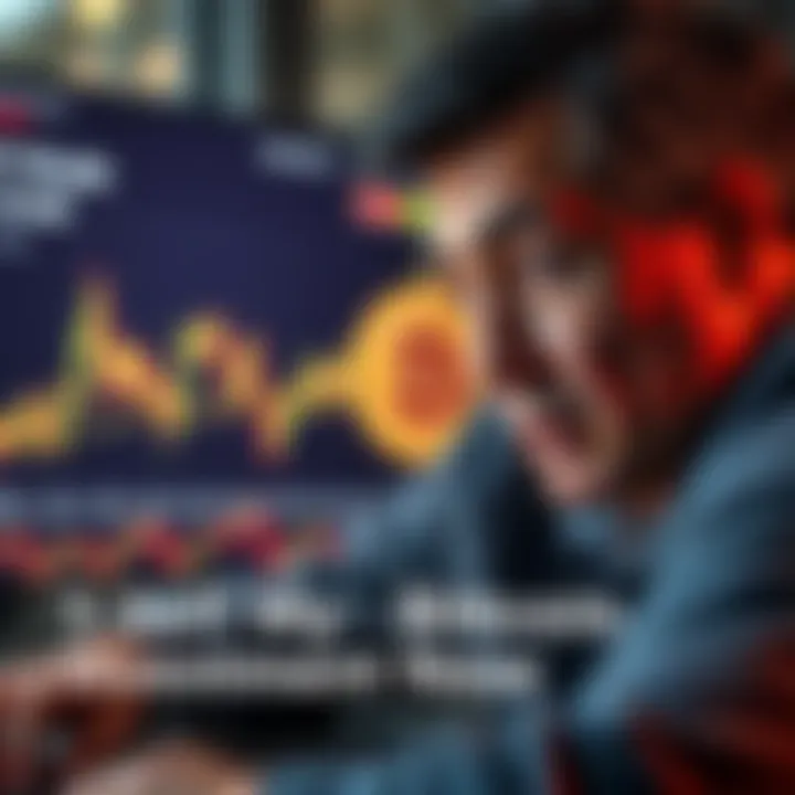 A worried investor is analyzing a chart showing Bitcoin's recent price drop, pondering whether to sell or hold their investment.