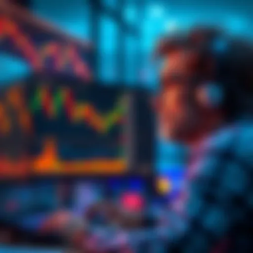 A worried first-time investor looking at a computer screen displaying falling altcoin prices, with charts and graphs in the background.