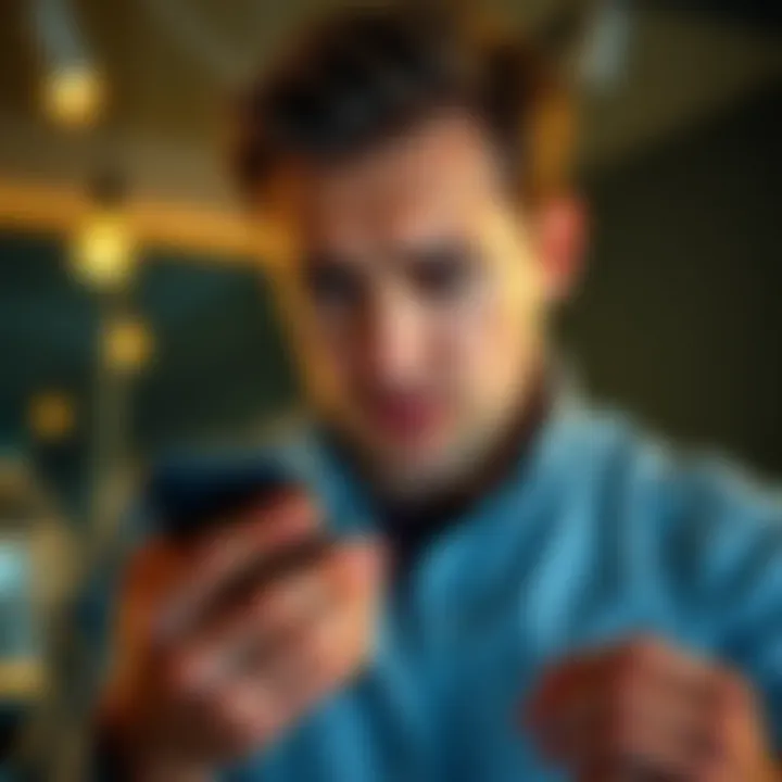 Concerned man checking his phone A worried man looks at his phone, showing a notification about his bank account closure. He appears anxious about his financial situation.