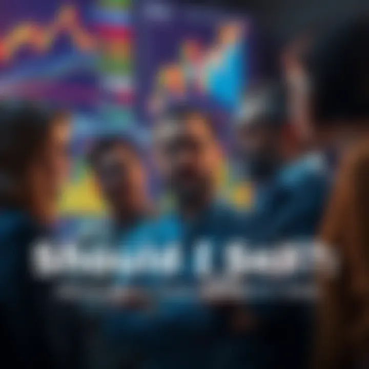 A group of diverse people talking about financial markets with charts and graphs in the background