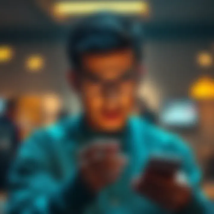 A person looks concerned while checking their phone, representing anxiety over online account suspensions.