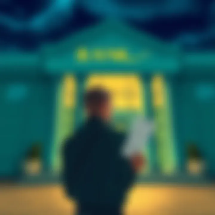 A worried individual stands outside a bank, reflecting on their distrust in financial institutions. They hold a receipt for a $70 payment to a lawyer, symbolizing their changing view on banks.