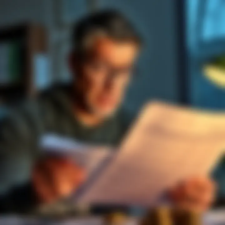 A worried individual reviewing 401k investment paperwork and calculations, pondering its effectiveness for low-income earners.