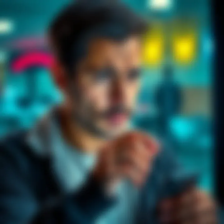 A worried person looking at their phone with a worried expression, checking their financial app for unexpected deductions.