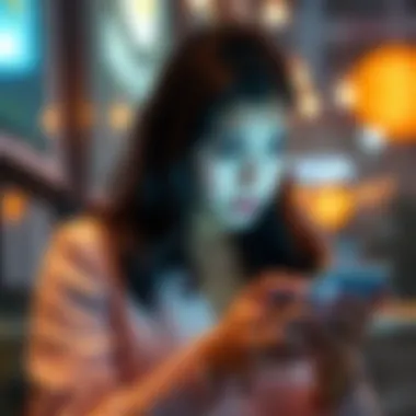 Concerned woman thinking about Bitcoin investment A woman with a worried expression, looking at her phone while considering her friend's Bitcoin investment and fees.